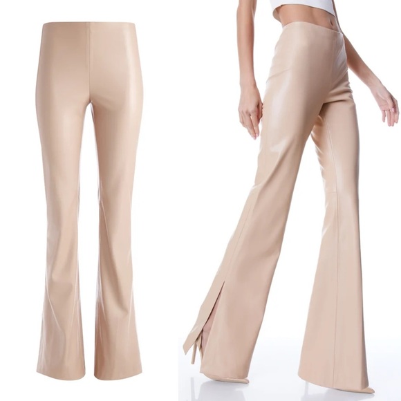 Alice & Olivia TEENY VEGAN LEATHER SIDE SLIT PANT Almond NEW $330 Size 14